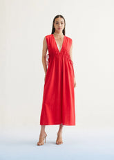 A Model Wearing Red Handwoven Cotton Ocean Nights Handwoven Kala Cotton Maxi Dress, curated by Only Ethikal